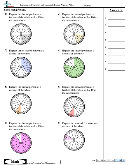 Fraction Worksheets - Expressing Fractions and Decimals from a Number Wheel worksheet